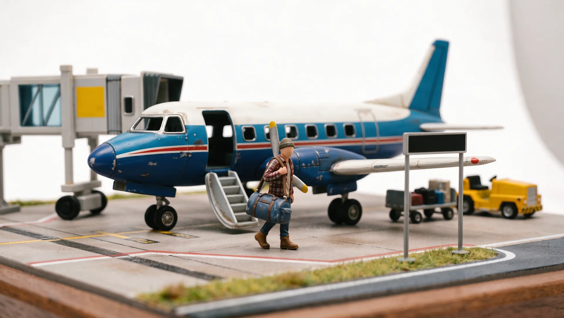 Miniature model of a traveller with a duffel bag stepping off a small aeroplane