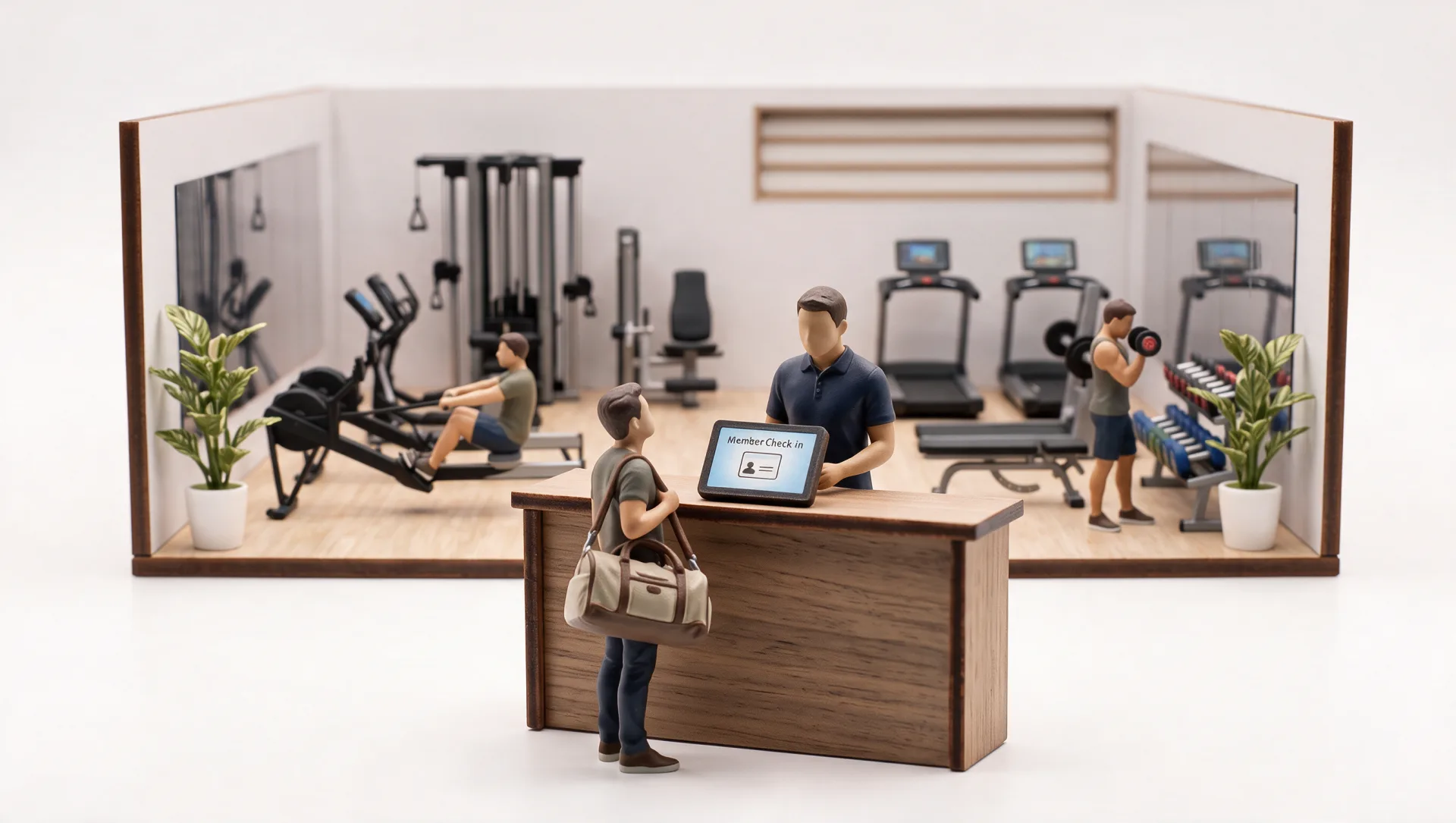 Miniature model of a gym front desk where staff check in a visitor on a screen
