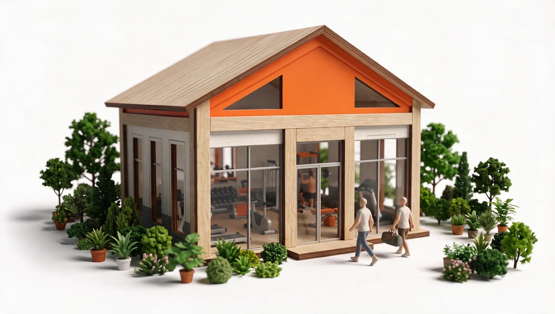 Miniature model of a welcoming gym with glass doors, with two figures walking in