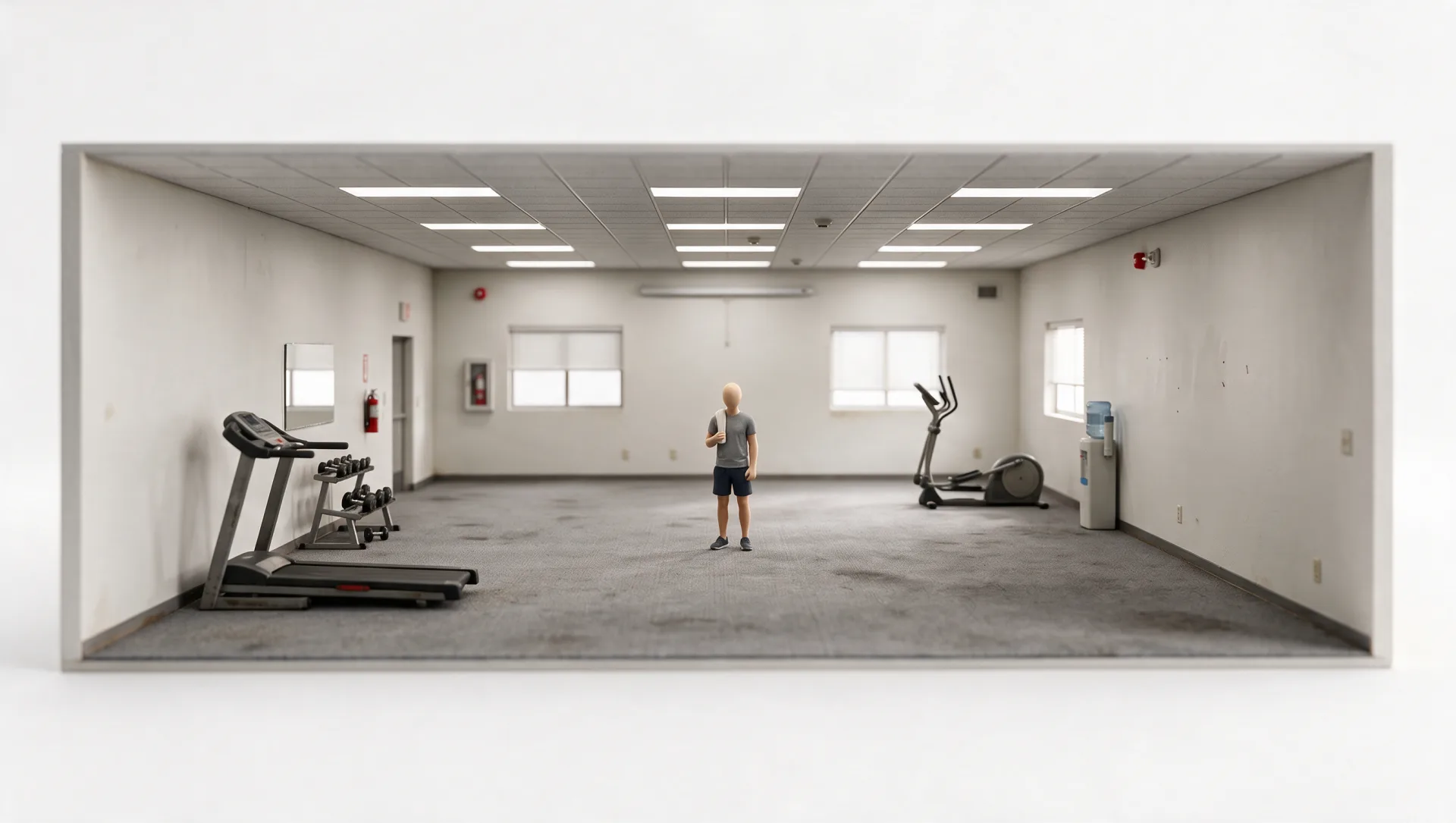 Miniature model of a nearly empty hotel gym with a lone traveller