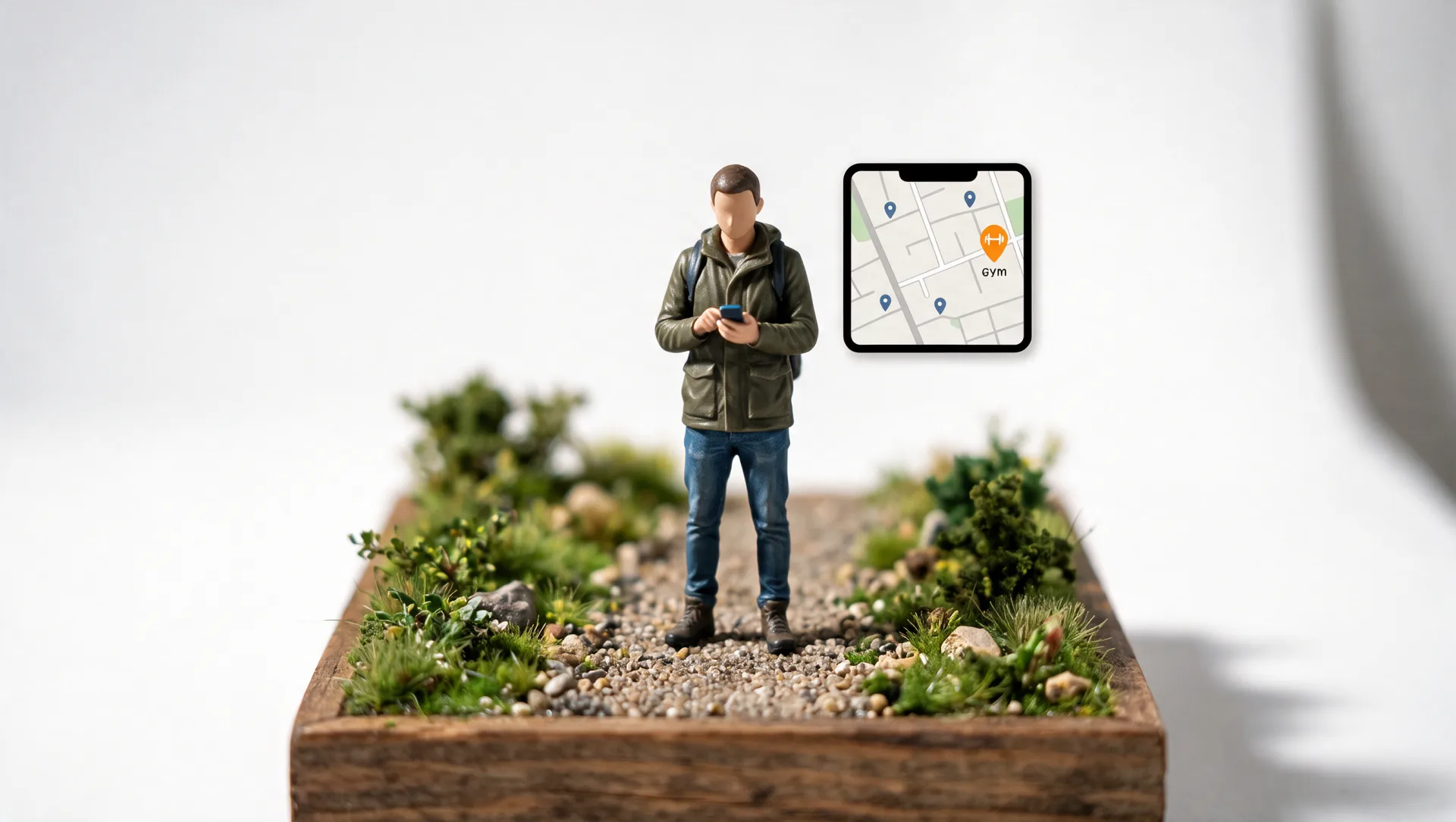 Miniature model of a traveller checking a phone map with a nearby gym pinned in orange