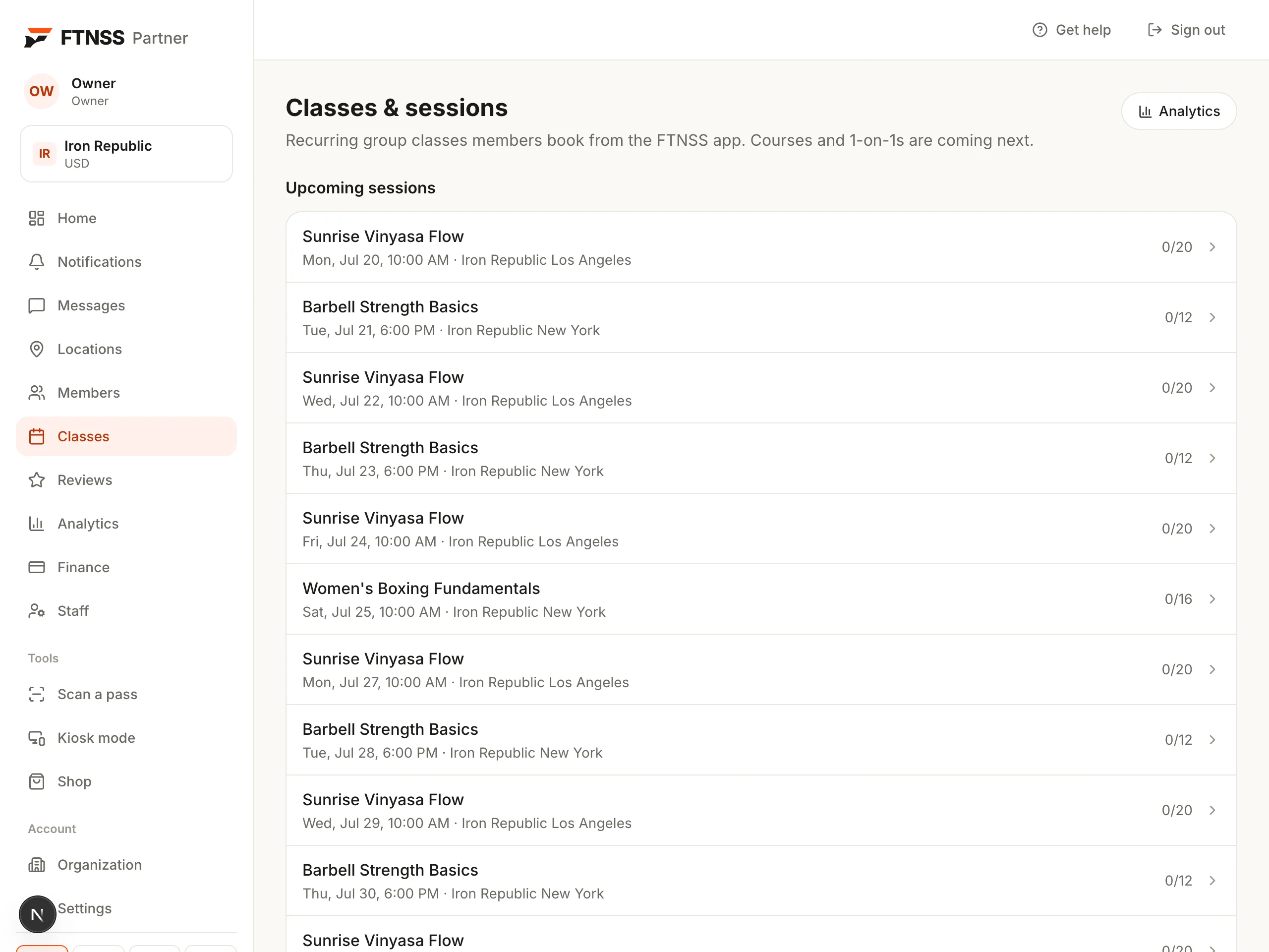 FTNSS Partner sessions screen with bookings