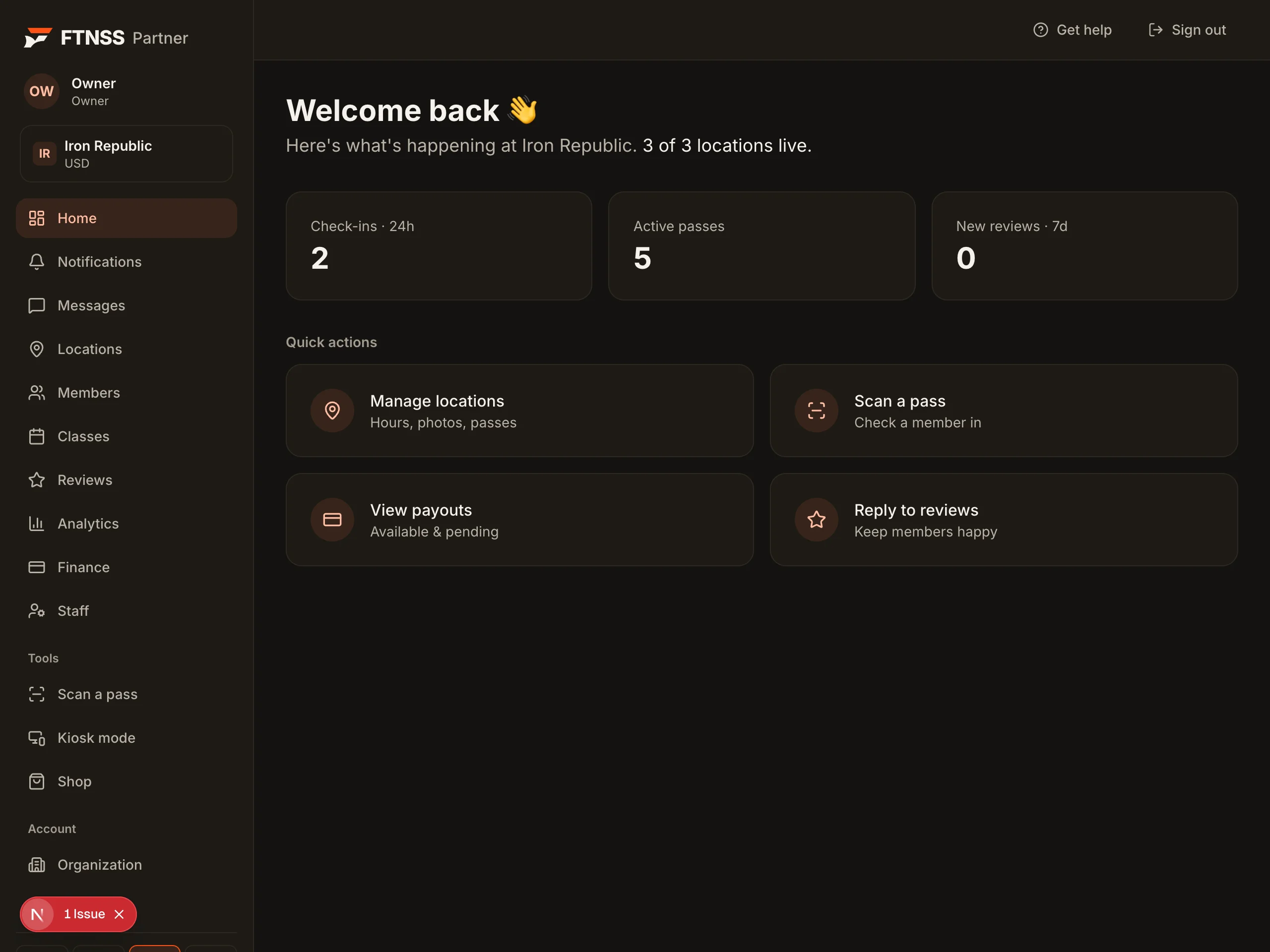 FTNSS Partner dashboard - Dark theme
