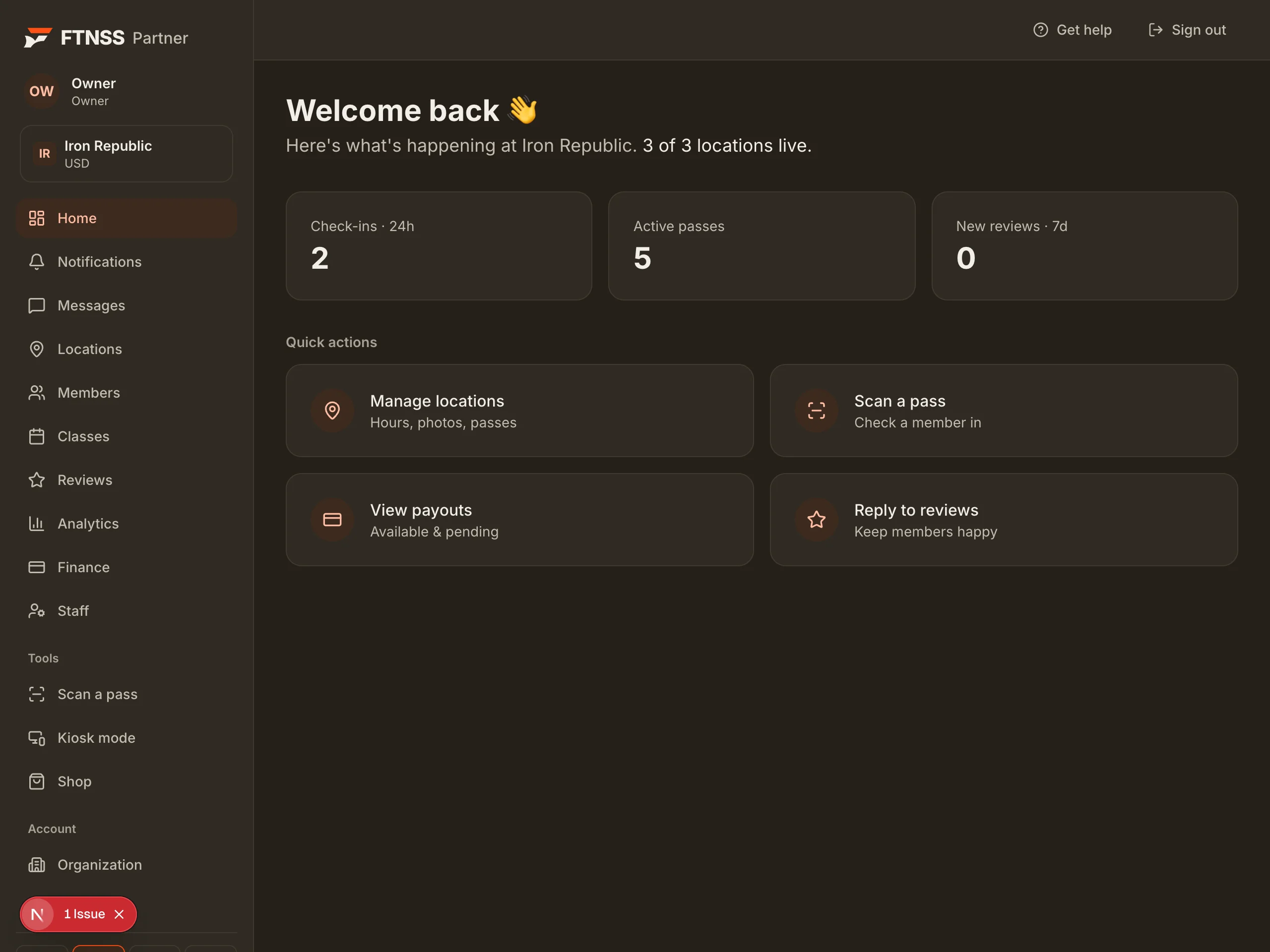 FTNSS Partner dashboard - Dim theme