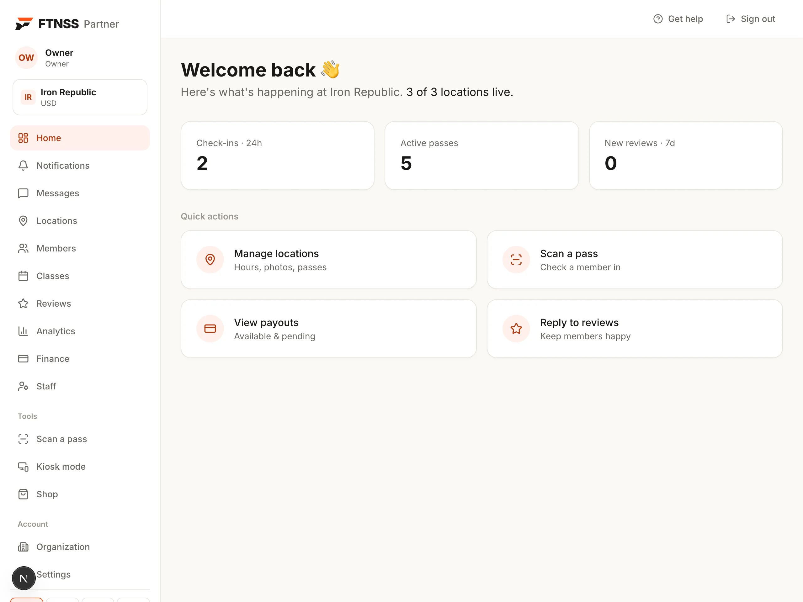 FTNSS Partner dashboard showing check-ins, active passes, and quick actions