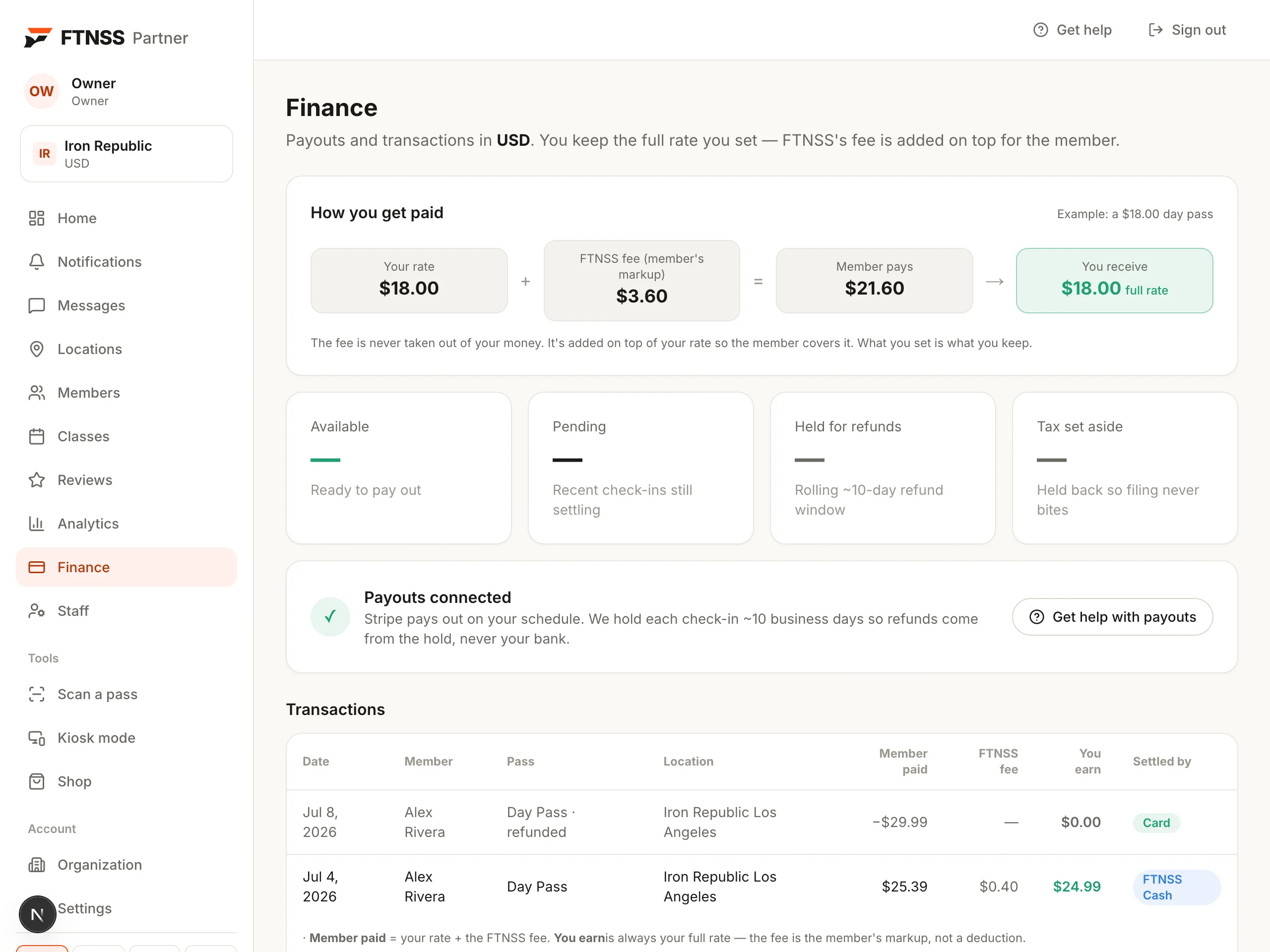 FTNSS Partner payouts screen
