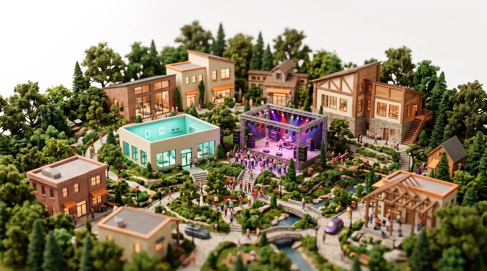 Miniature model town with several gyms, a live event stage, and a crowd